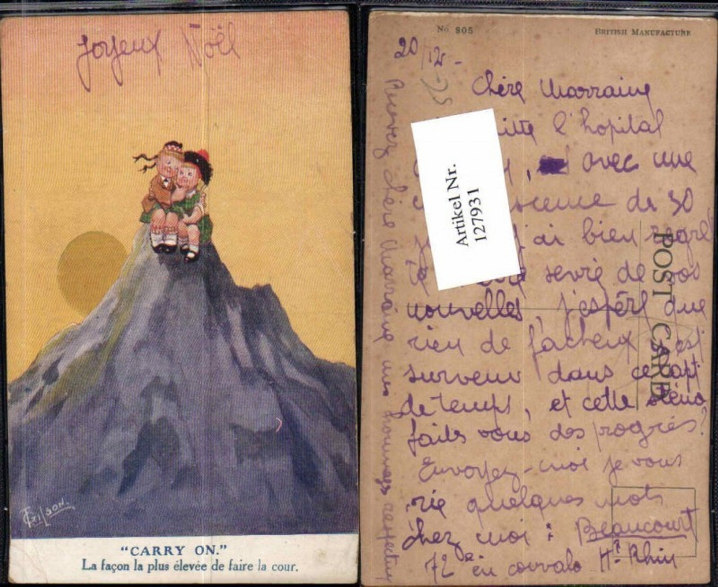 127931;Süsse Kinder Künstlerkarte Kinder sitzen am Berg Gipfel sign. T. Gilson