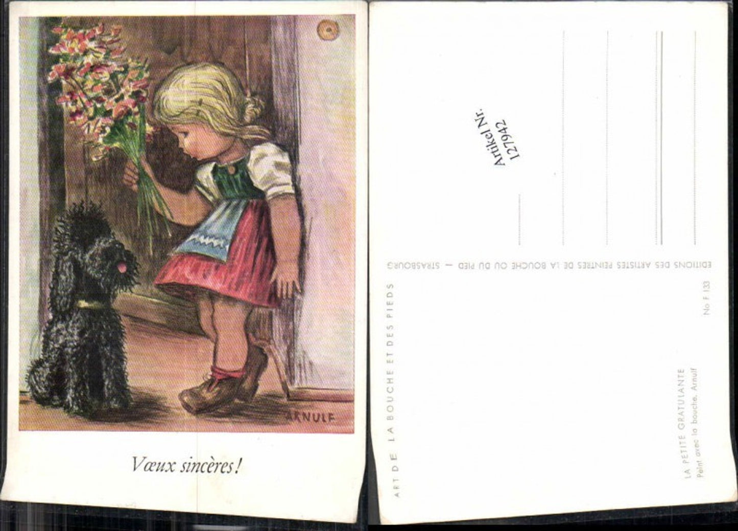 127942,Arnulf sign. Pudel Hund Blumen Süsse Kinder Künstlerkarte