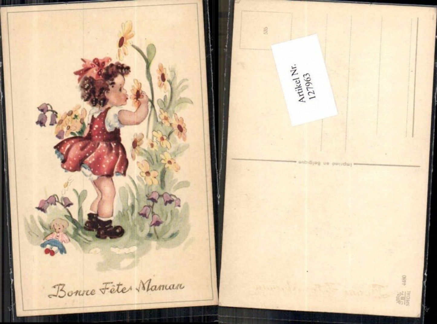 127963,Süsse Kinder Künstlerkarte Mädchen Puppe Blumen