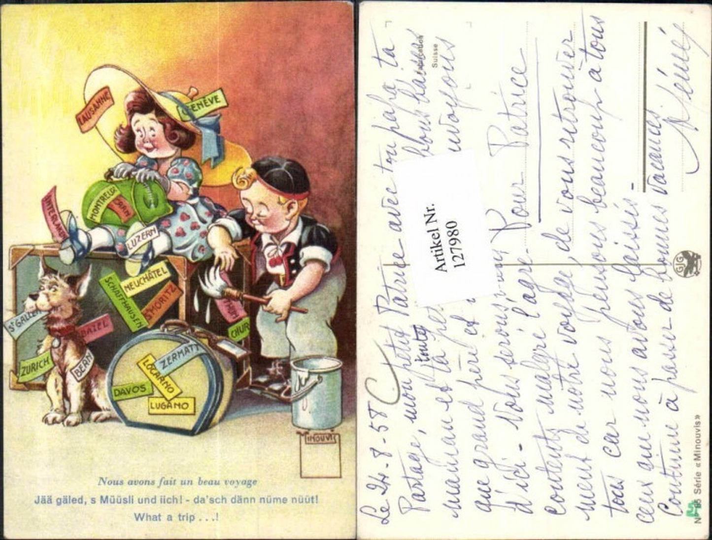 127980,Süsse Kinder Künstlerkarte Hut Hund Kinder nach der Reise