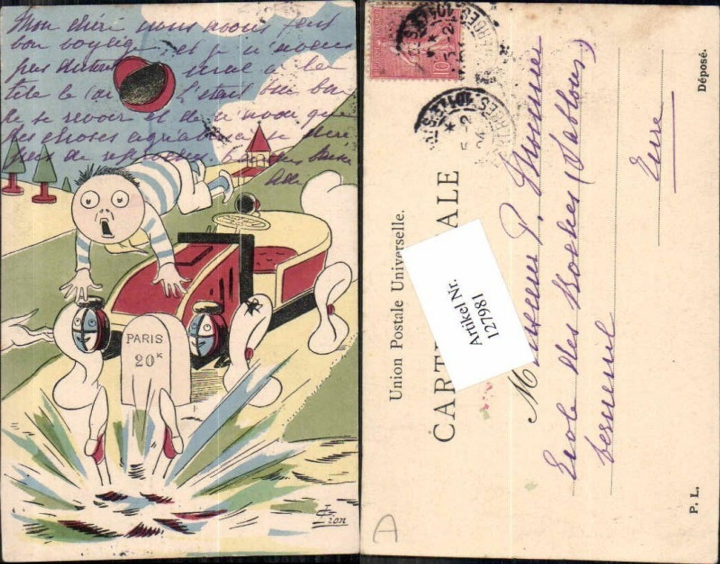 127981,G. Lion Süsse Kinder Künstlerkarte Junge m. Auto baut Unfall