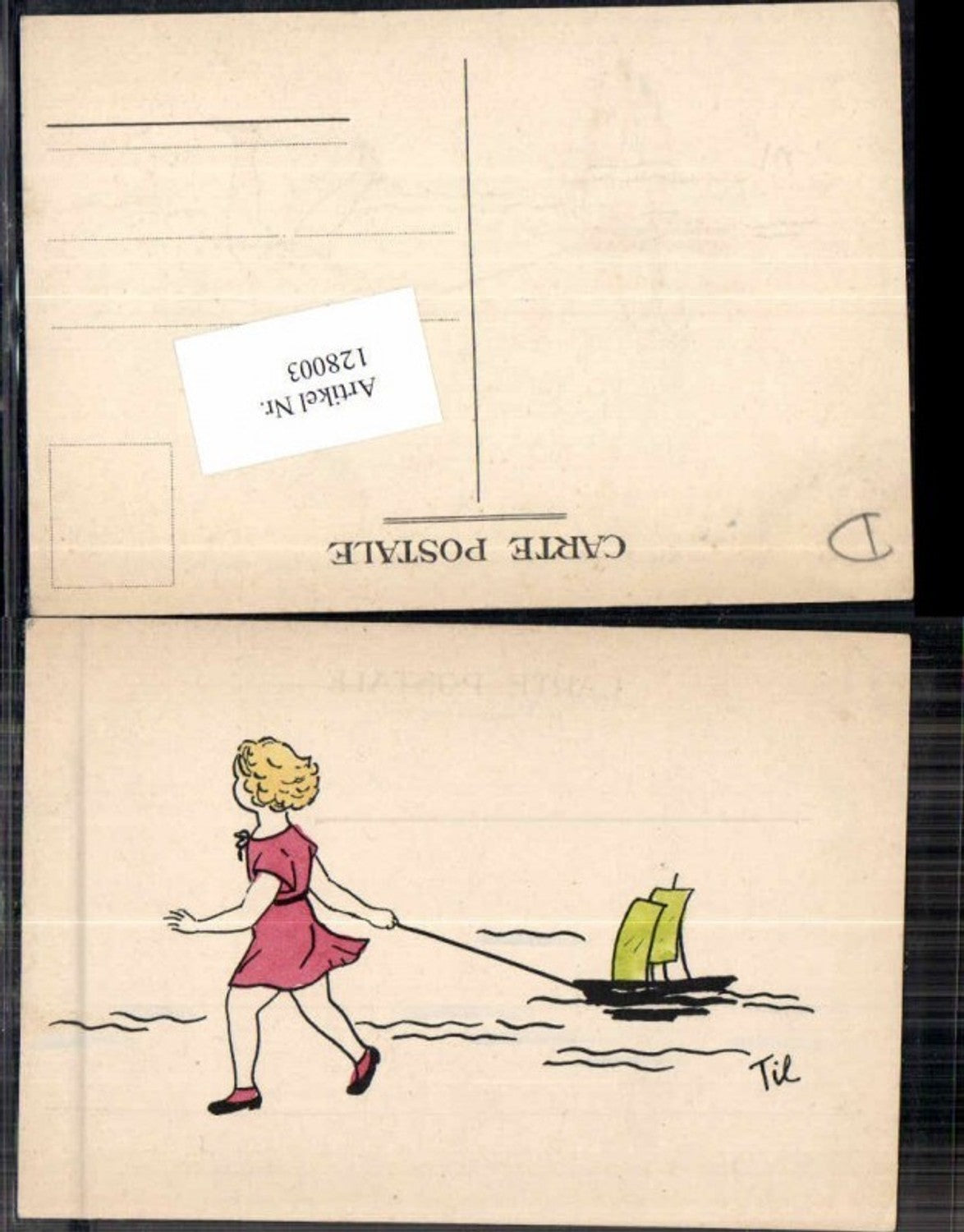 128003,Süsse Kinder Künstlerkarte Mädchen zieht Segelboot sign Til