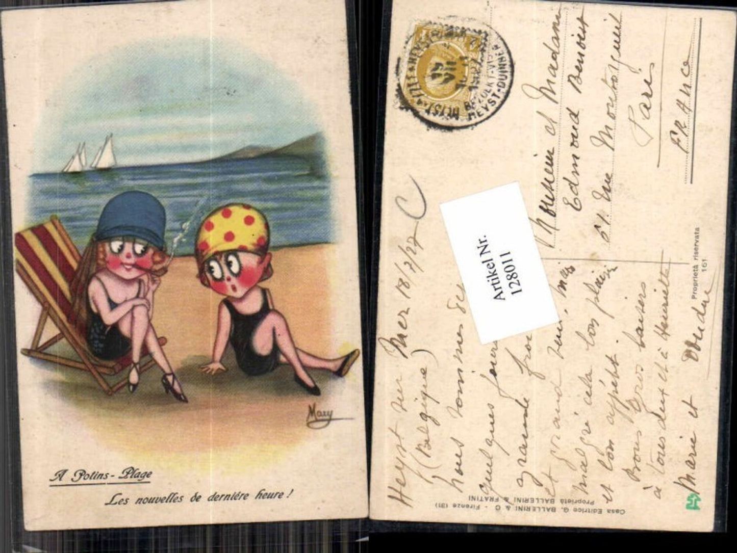 128011,Süsse Kinder Künstlerkarte Mädchen Strand raucht Zigarette sign. Mary