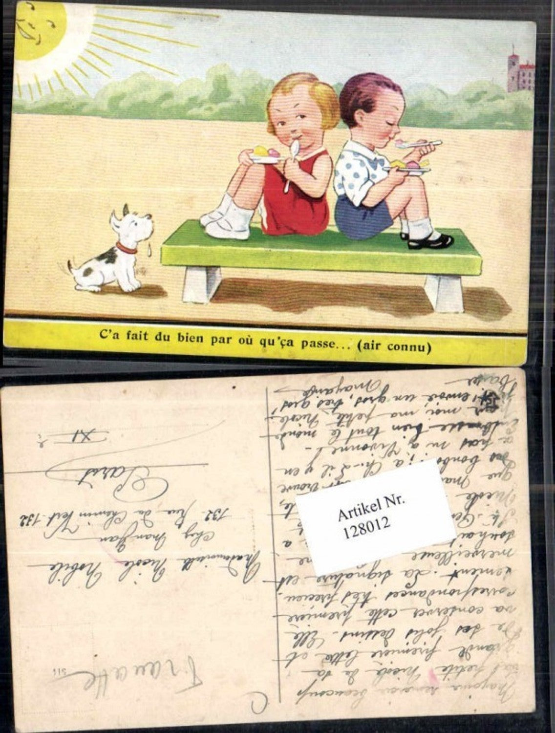 128012,Achille Mauzan Hund Sonne Kinder essen am Strand