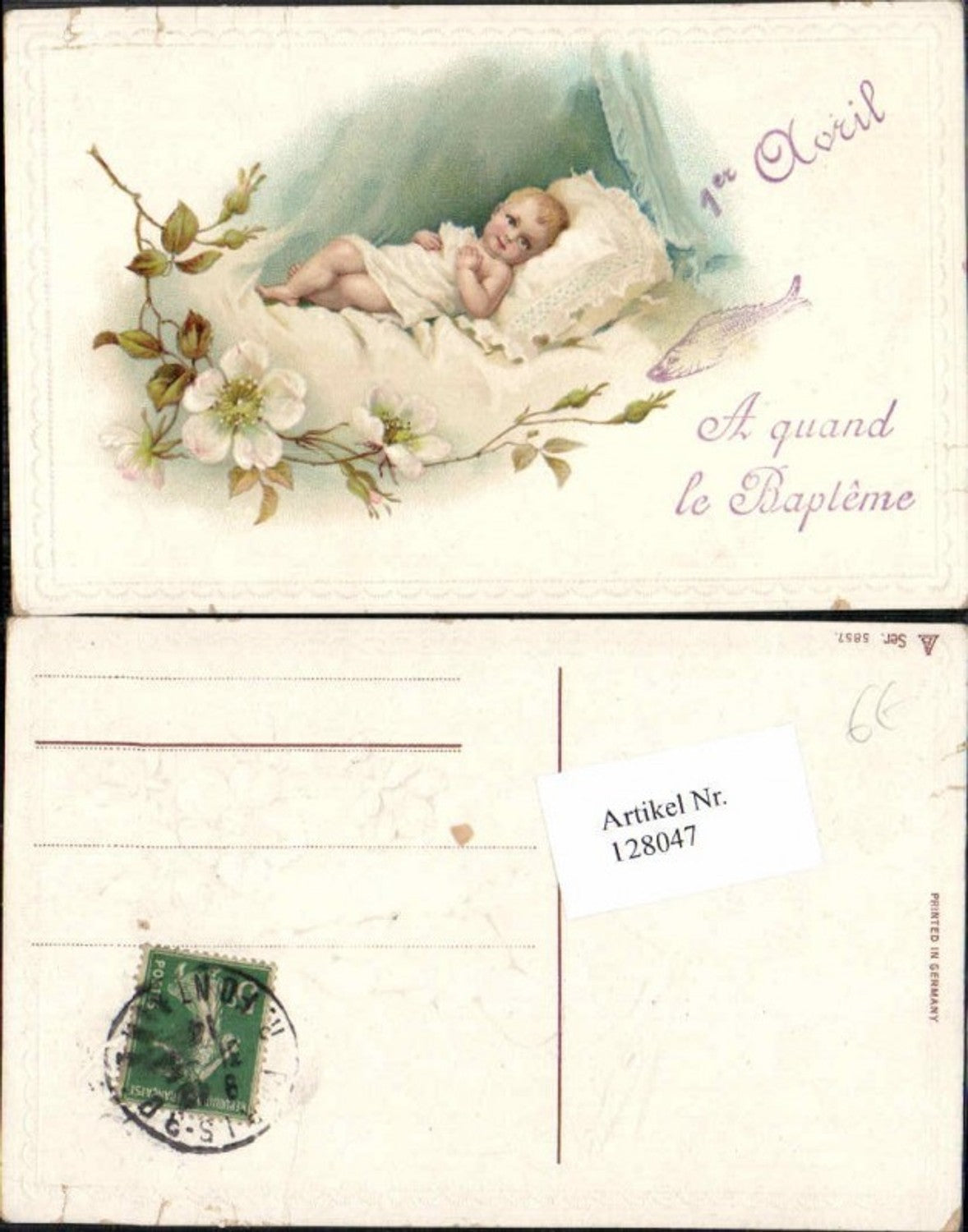 128047,Präge Litho Baby auf Bett Kind child