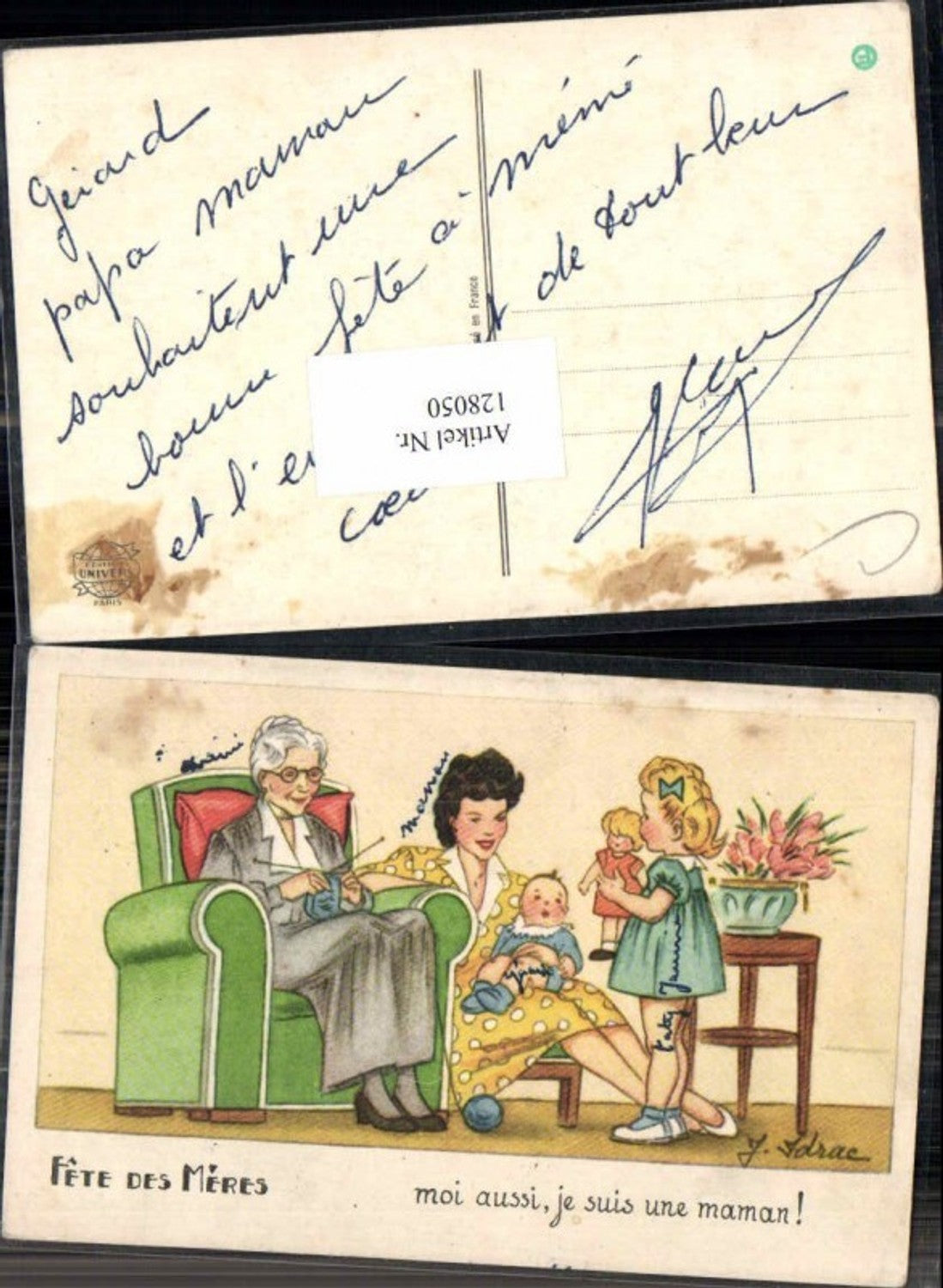 128050,Süsse Kinder Baby m. Puppe Doll Oma strickt stricken Mutter sign. J. Jdrac