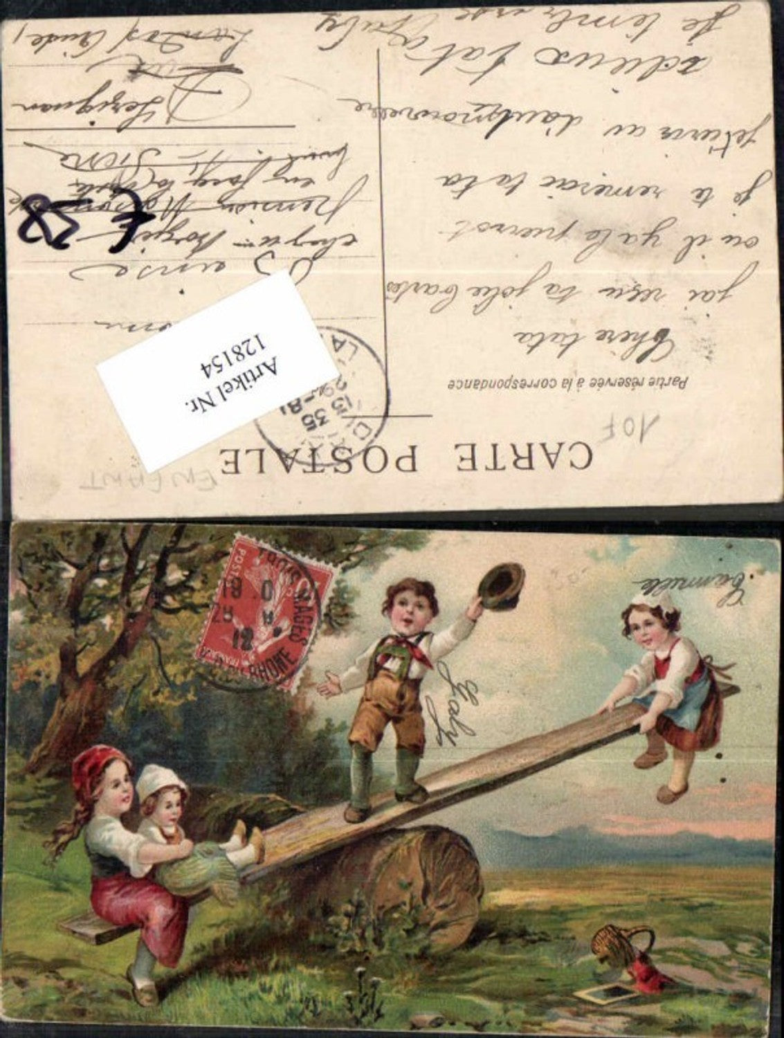 128154,Süsse Künstlerkarte Kinder auf Wippe 1910