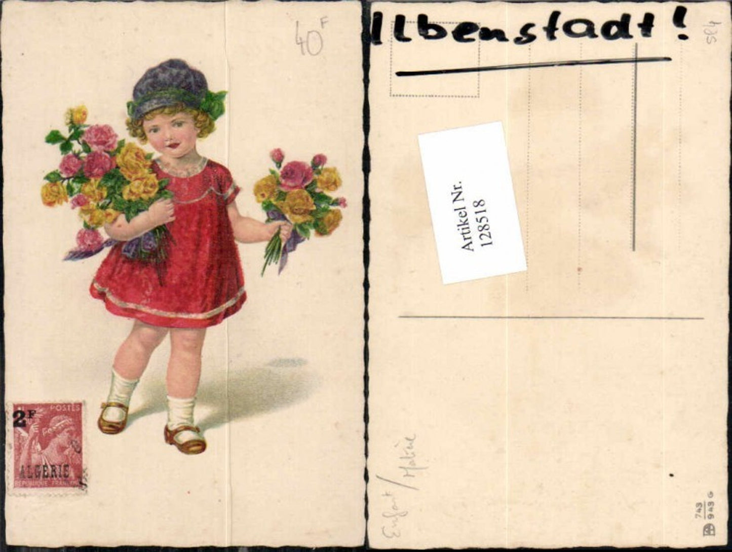 128518,Süsse Kinder AK Kind Mädchen m. Hut Kleid Blumen Rosen Glitzer