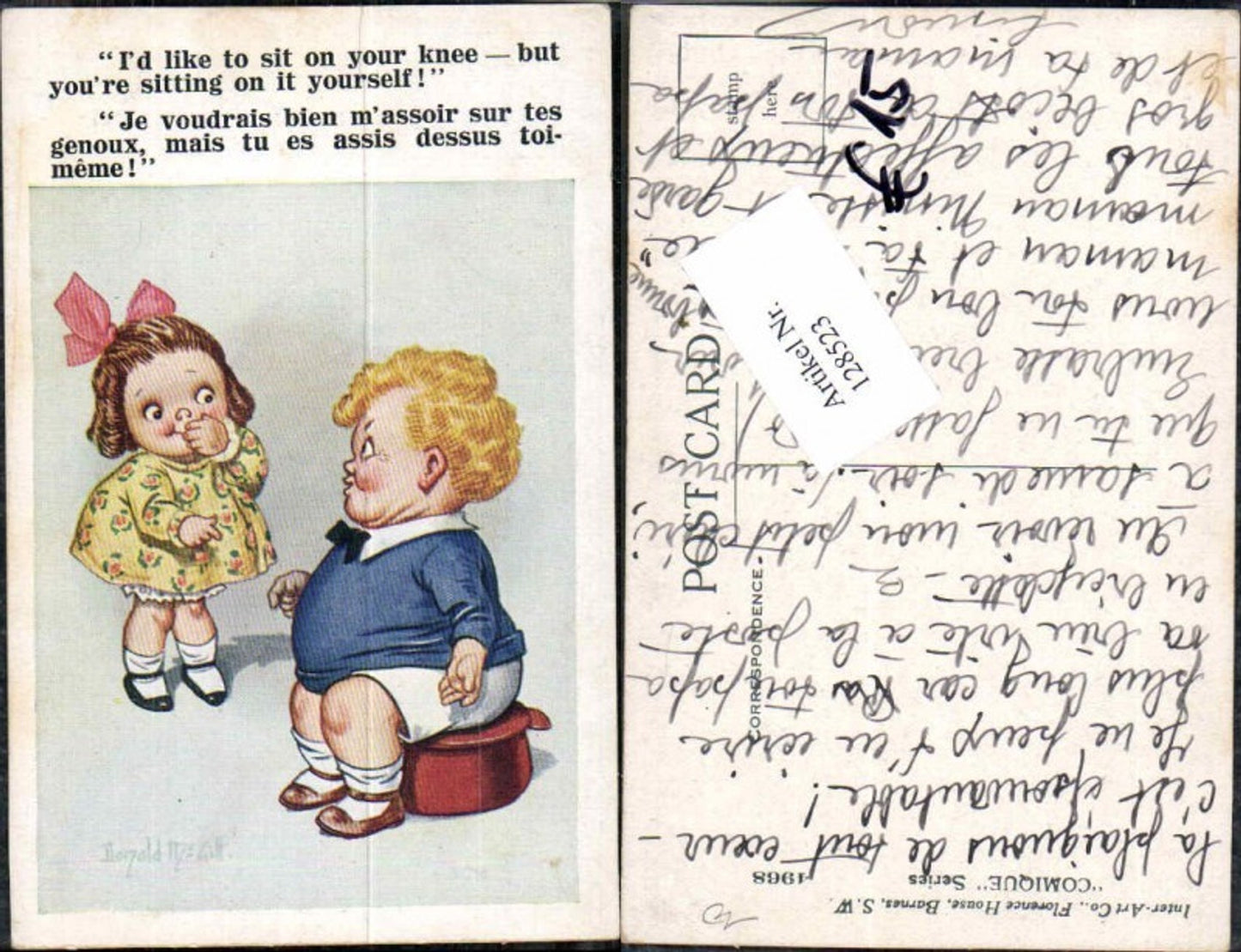 128523,Donald McGill Mc Gill Süsse Kinder AK Mädchen kleid lacht dicken Junge aus