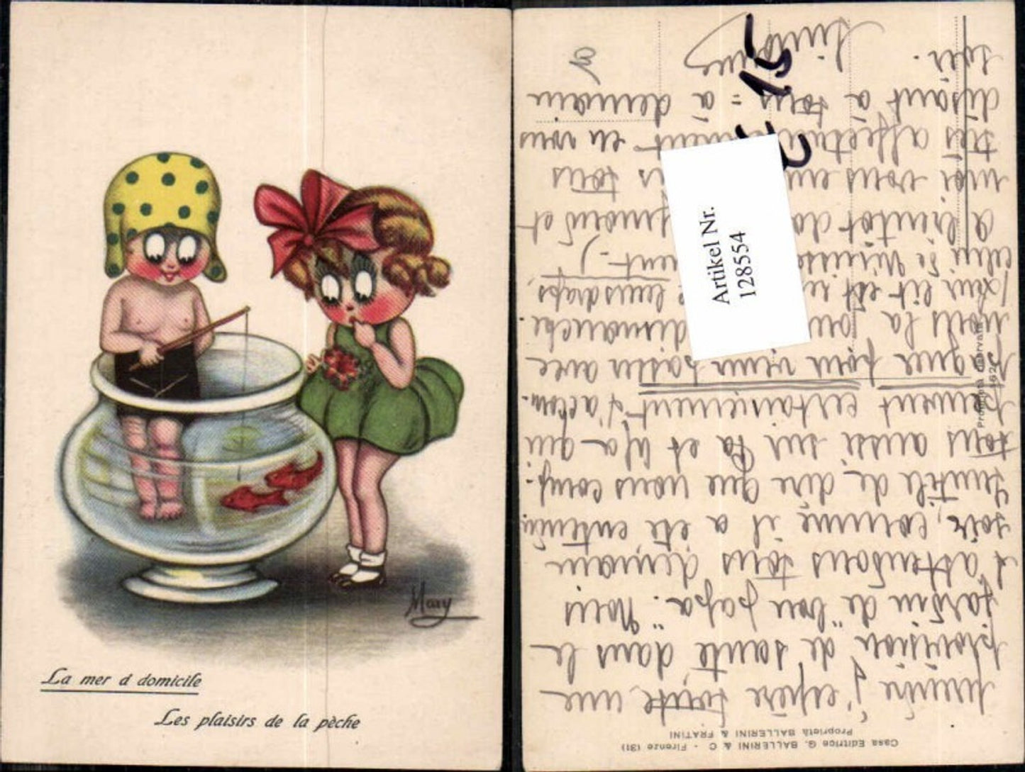 128554,Tolle Künstler AK Mary Mädchen Kinder beim fischen im Glas pub Ballerini