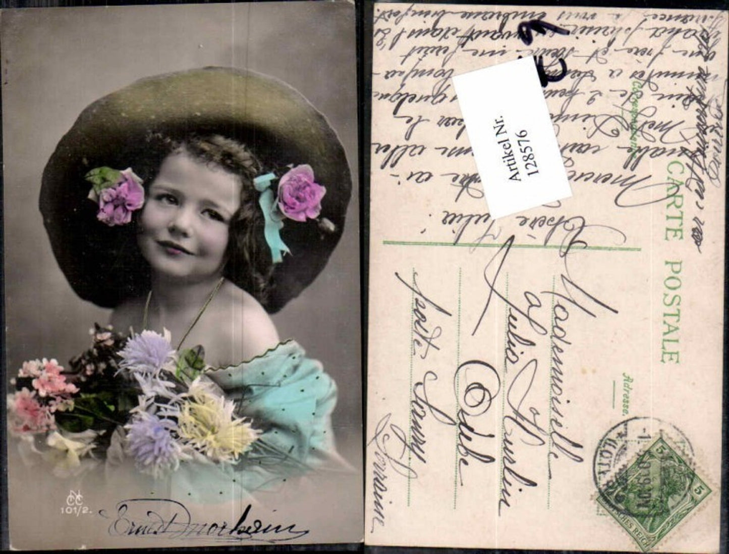 128576,Schönes Portrait Kind Mädchen m. Hut Hutmode Rosen Blumen