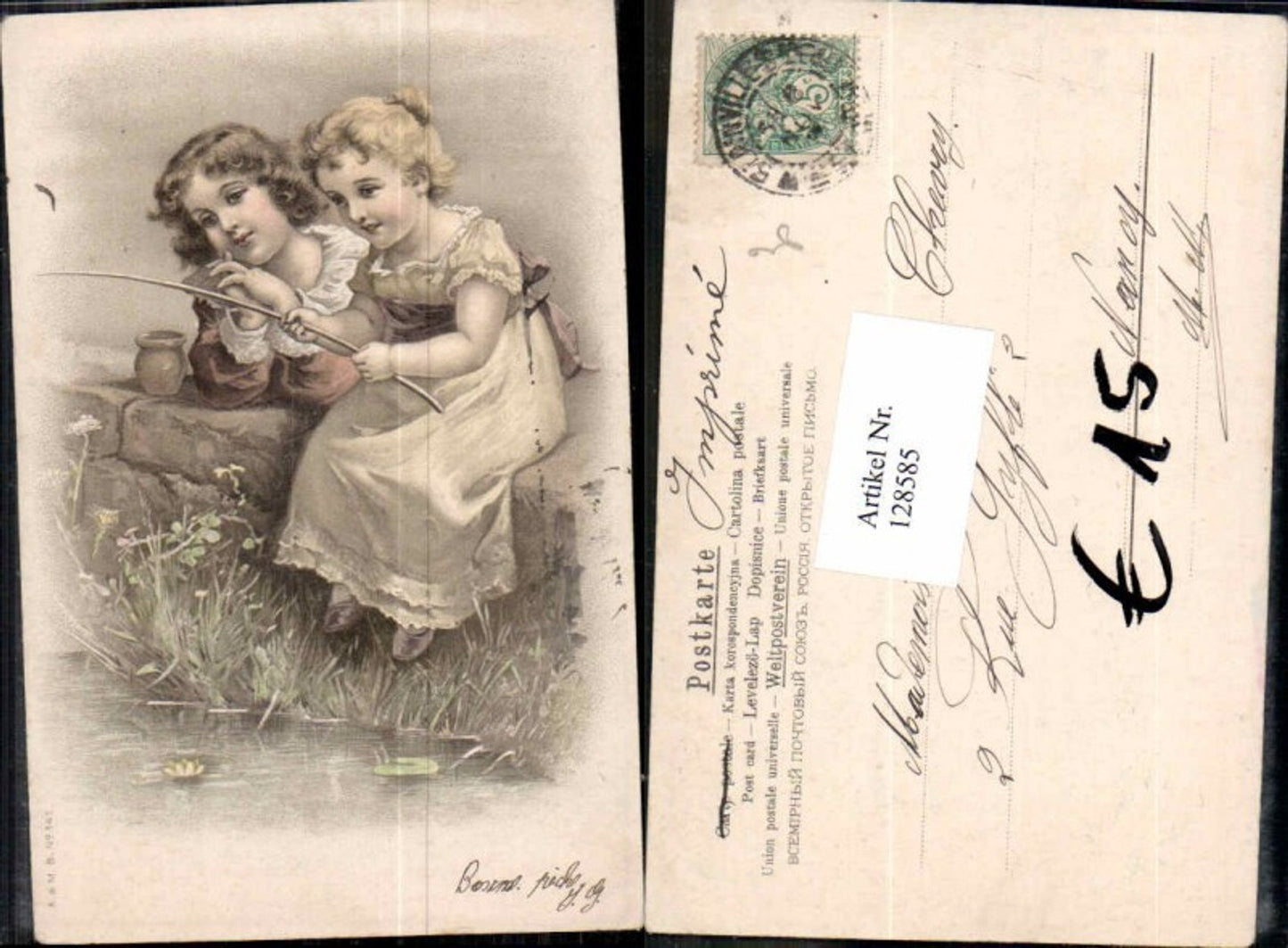 128585,Jugendstil Art Nouveau Kinder Mädchen b. Fischen angeln Angel