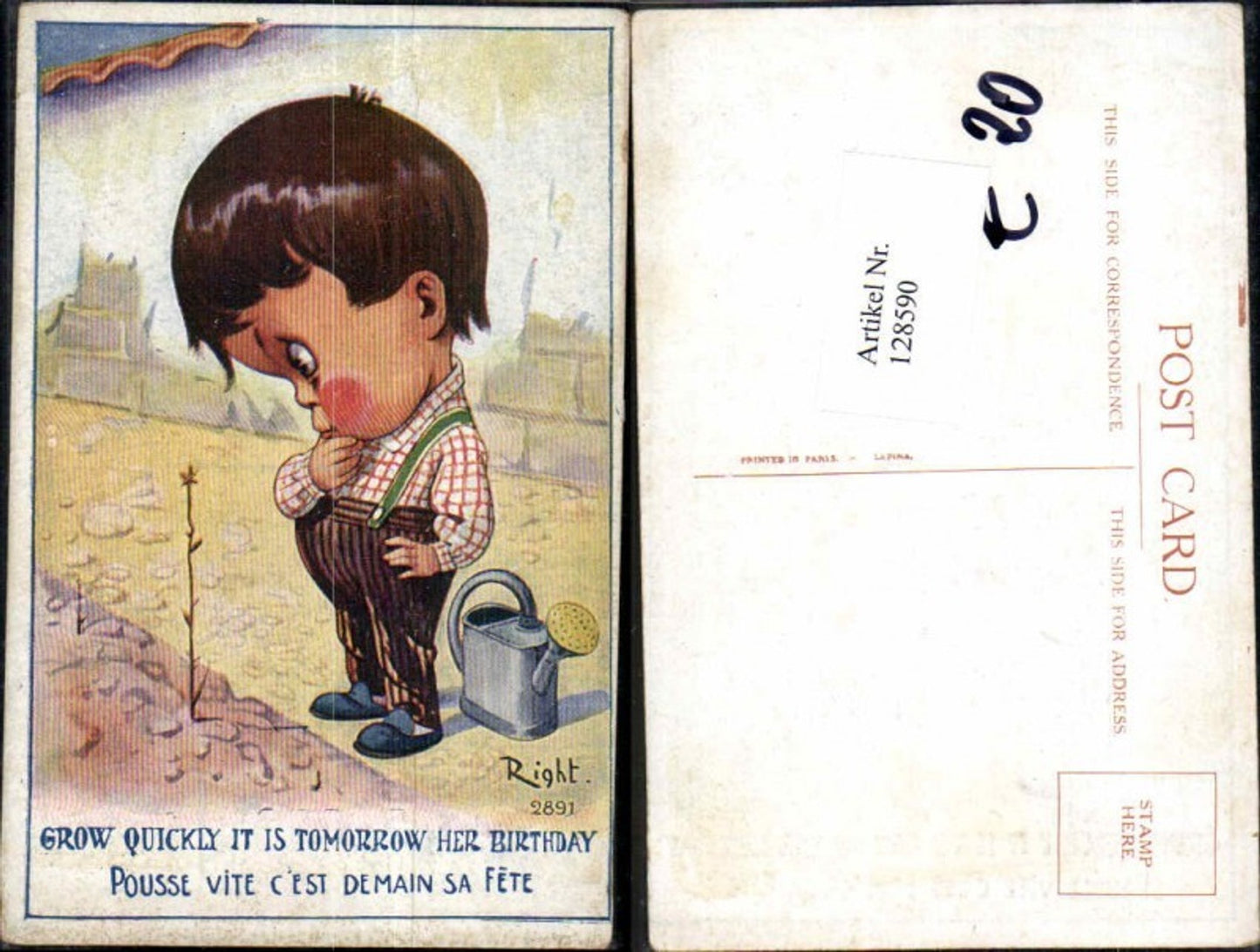 128590,Tolle Künstler AK Junge m. Gießkanne schaut a. Pflanze sign Right