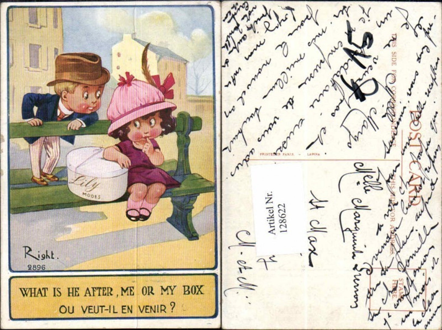 128622,Tolle Künstler AK Mädchen sitzt auf bank Junge Hut sign. Right