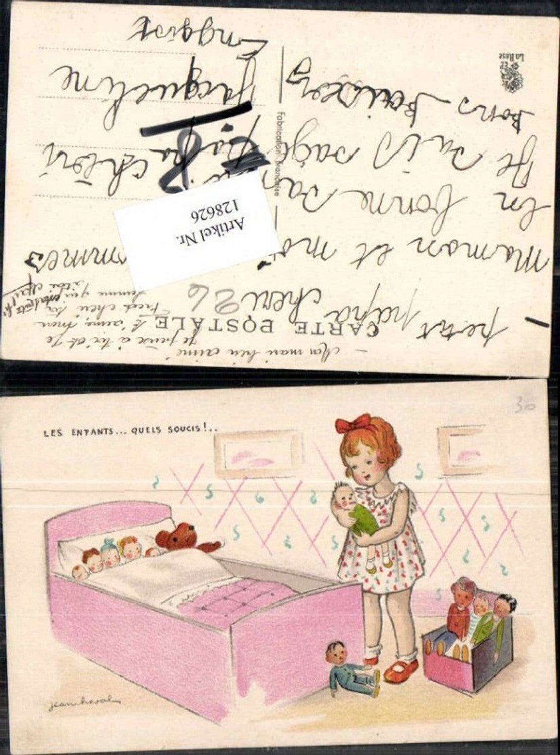 128626,Jeancheval Jean Cheval Süsse Kinder AK Mädchen bringt Puppen teddy Teddybär ins Bett