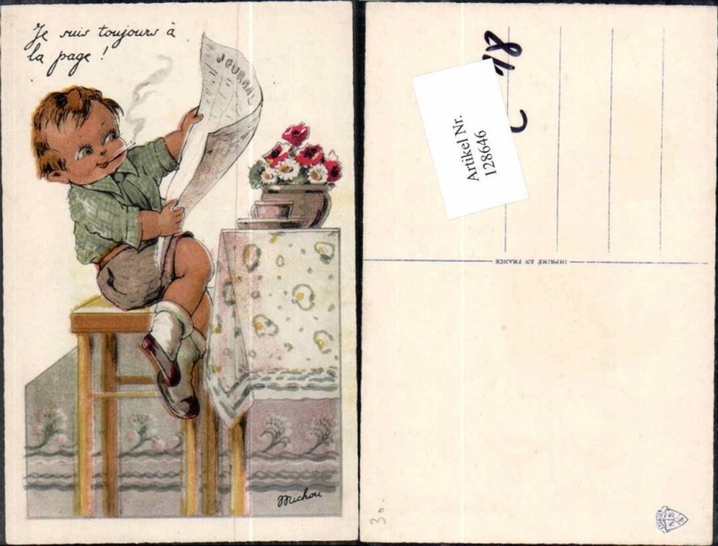 128646,Tolle Künstler AK Junge liest Zeitung u. raucht Zigarette sign Michou