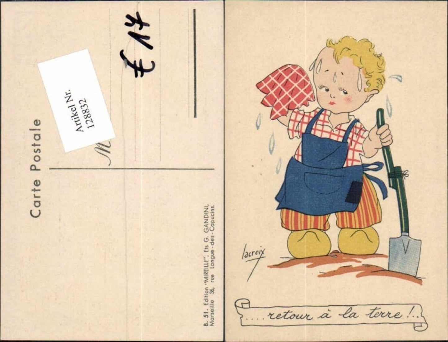 128832,Lacroix Kind als Gärtner Beruf schwitzt Schaufel Spaten