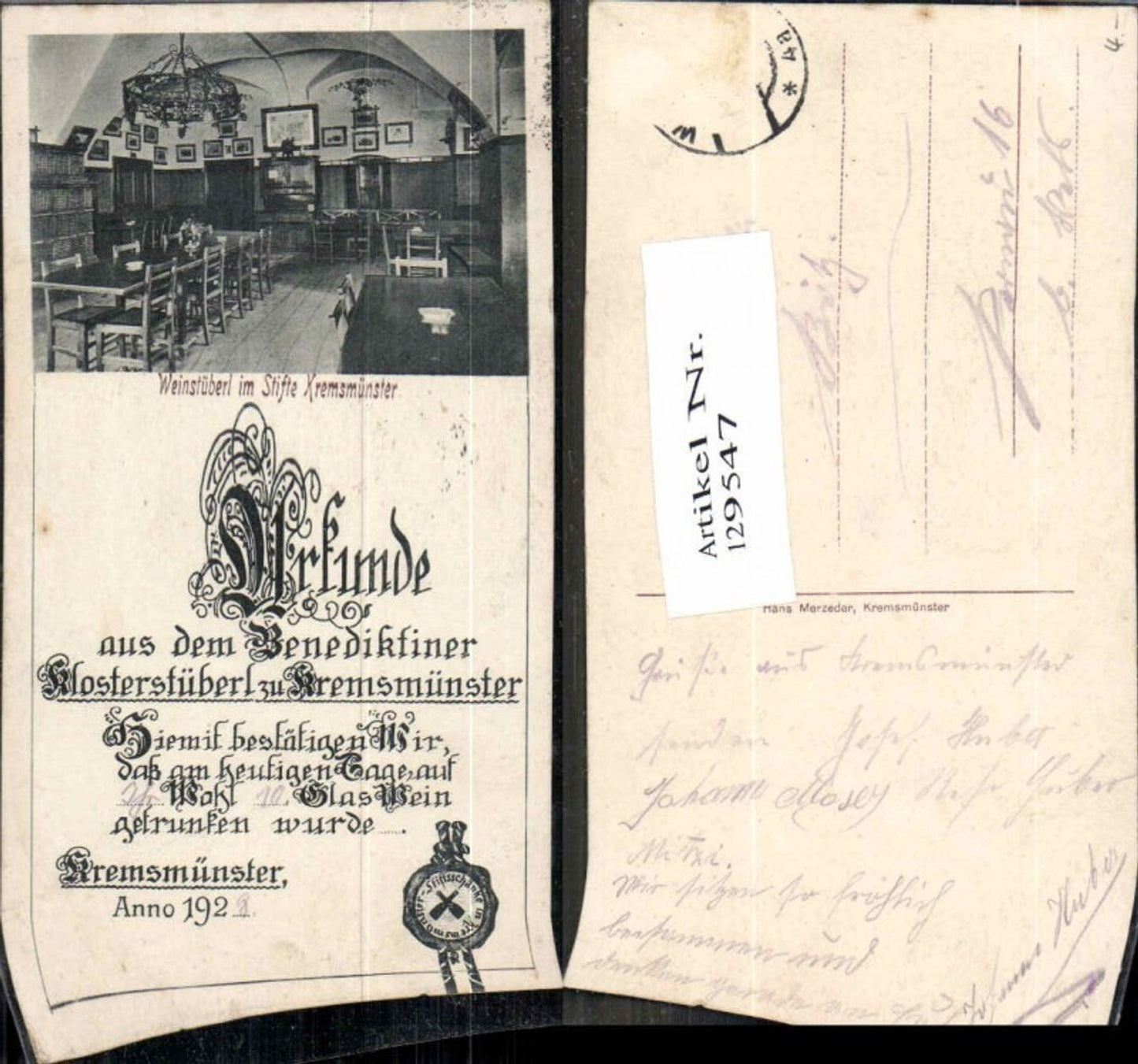 129547,Kremsmünster Urkunde Klosterstüberl