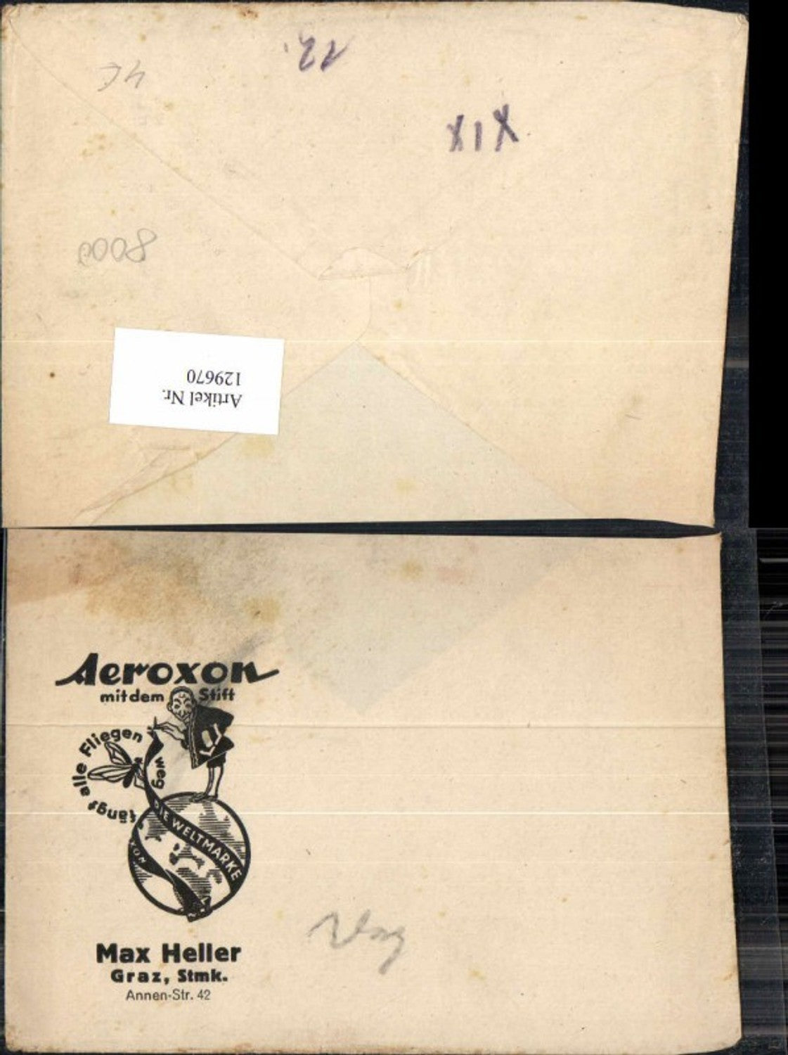129670,Reklame Geschäfts Beleg Werbung Graz Aeroxon Max Heller Fliegen Fänger