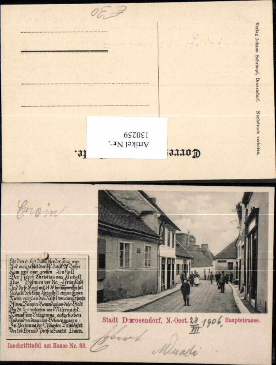 130259,Stadt Drosendorf a.d. Thaya Hauptstrasse Inschrifttafel im Haus Nr 83