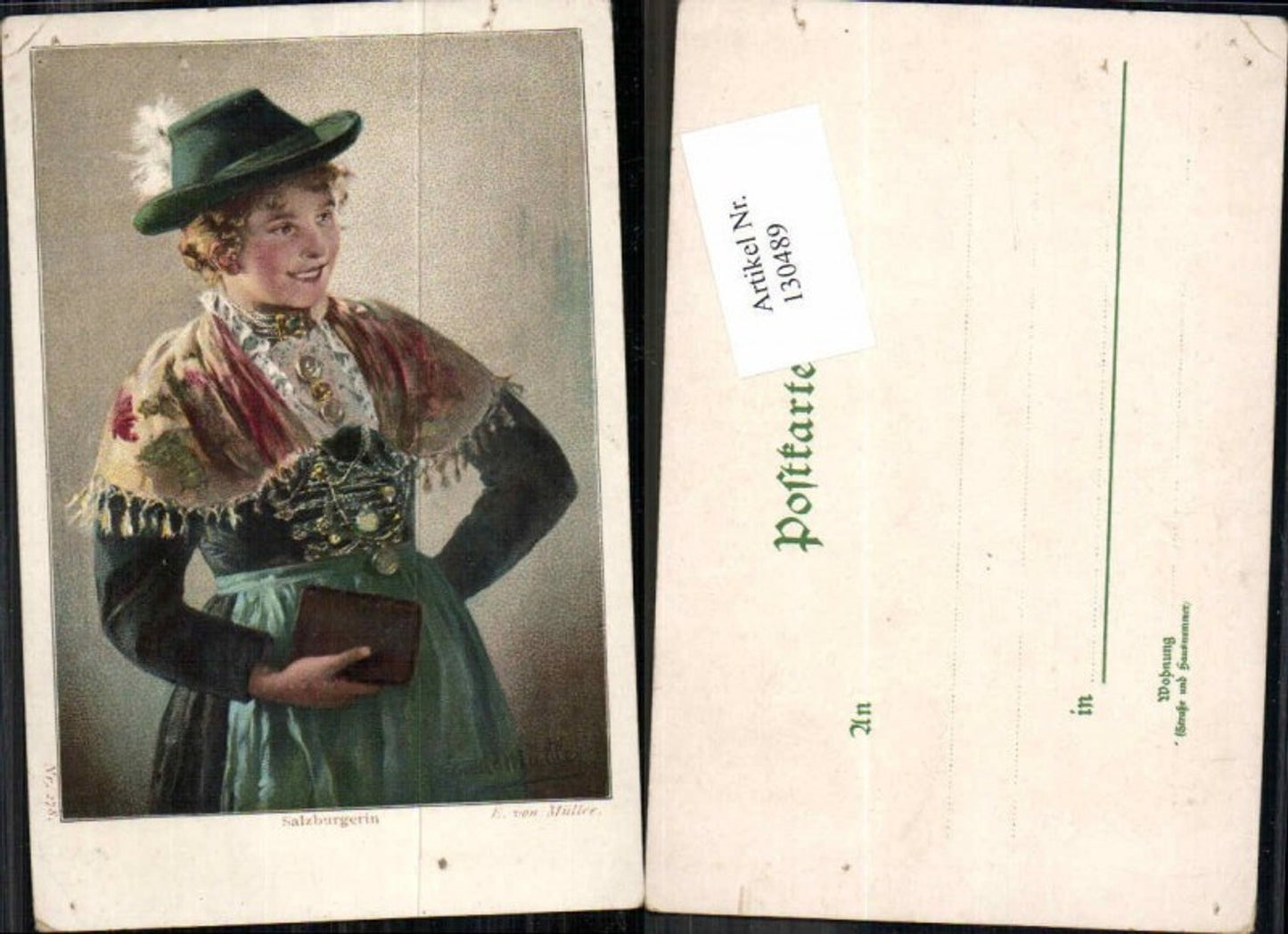 130489,Salzburger Trachten Frau m. Hut Handtasche Tracht Salzburgerin sign. E. von Müller