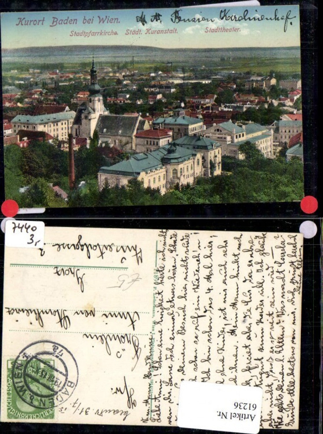 61236,Baden b. Wien Stadtpfarrkirche Kuranstalt Stadtheather 1915