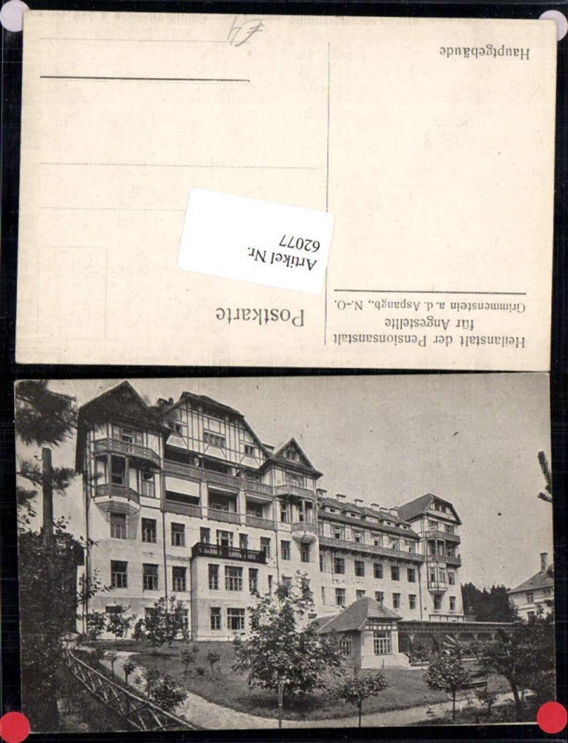62077, Photo AK Grimmenstein ad Aspangbahn Sanatorium of the PVA Main Building