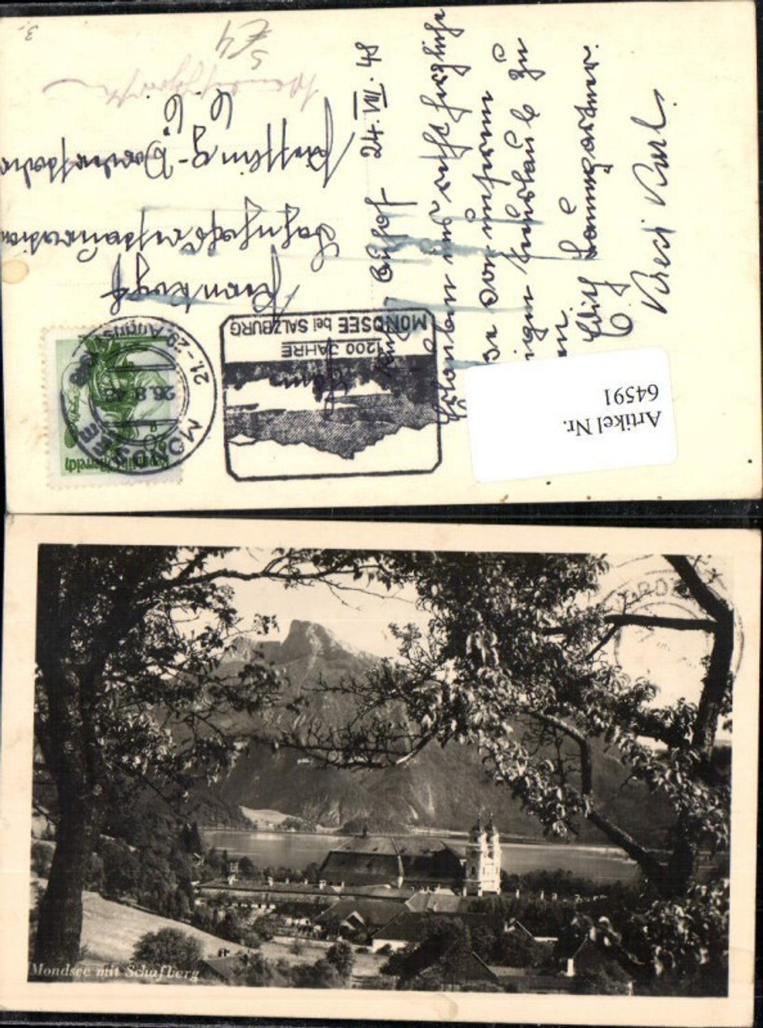 64591,Mondsee Ortsansicht mit Schafberg Stempel 1200 Jahre Mondsee bei Salzburg