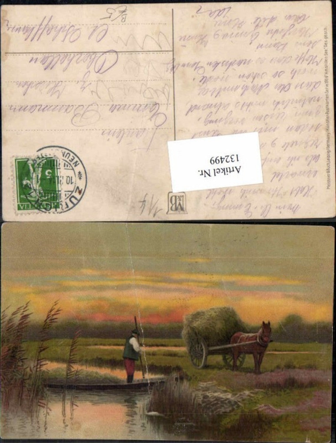 132499,Meissner & Buch Leipzig 1914 Am stillen See Bauern Heuernte Heu Ernte Pferd