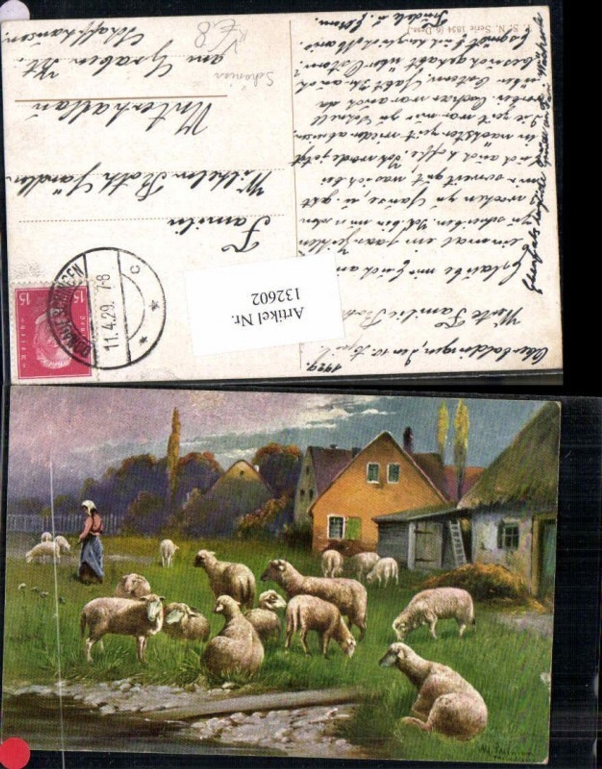 132602,Theo Stroefer Nürnberg Ser. 1854 Alfred Schönian sign. Schafe Hirte T.S.N.