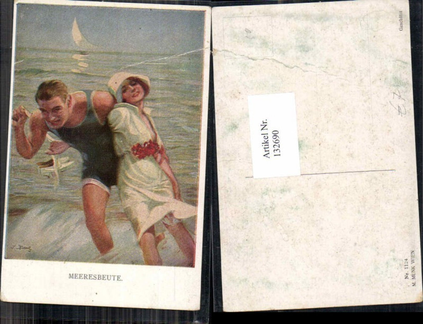 132690,M. Munk Vienne 1124 Meeresbeute Frau mit Hut wird v. Mann mitgenommen