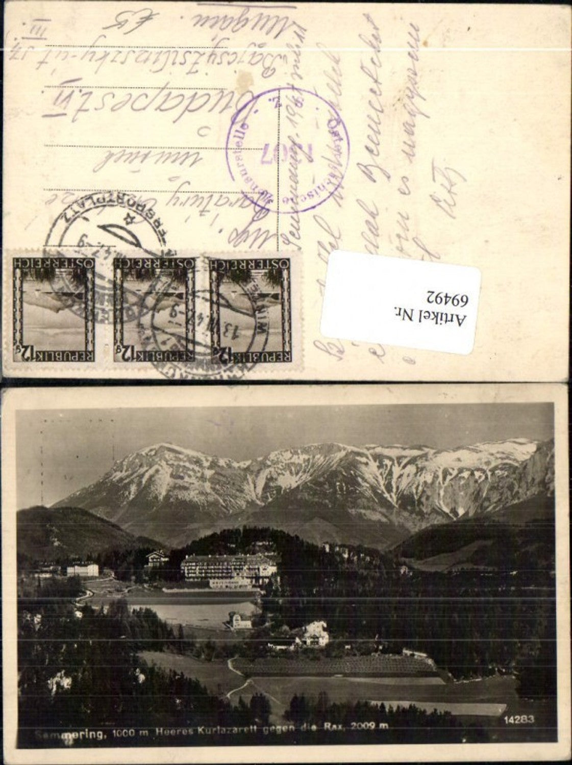 69492,Semmering Heeres Kurlazarett gegen die Rax Reichenau