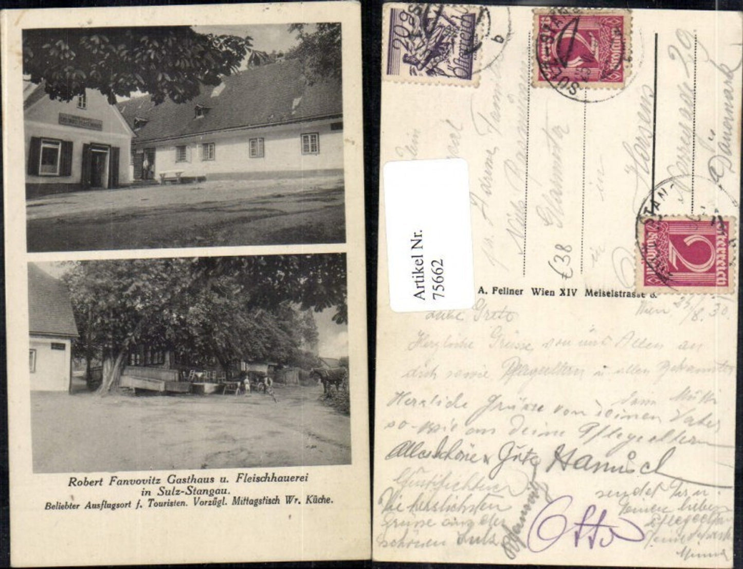 75662,Robert Fanvovitz Gasthaus u. Fleischhauerei in Sulz Stangau sehr selten