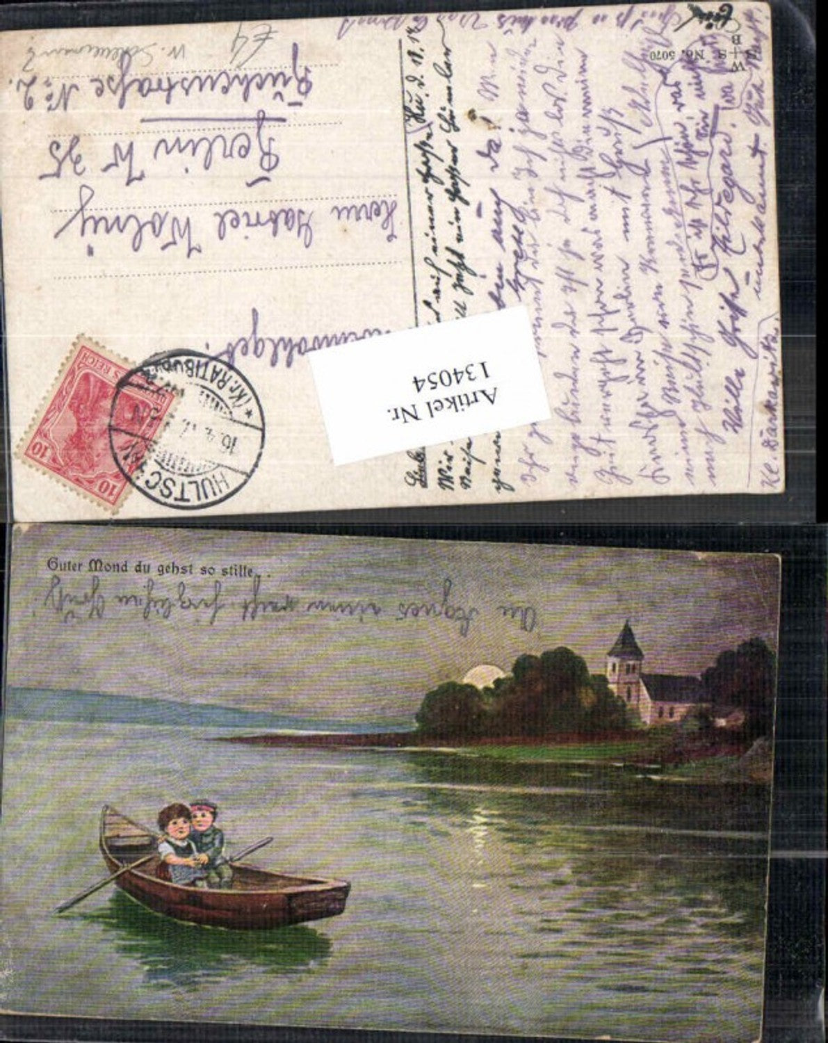 134054,Tolle Künstlerkarte Kinder im Boot Mond Kirche Baumgarten od Scheuermann unsign