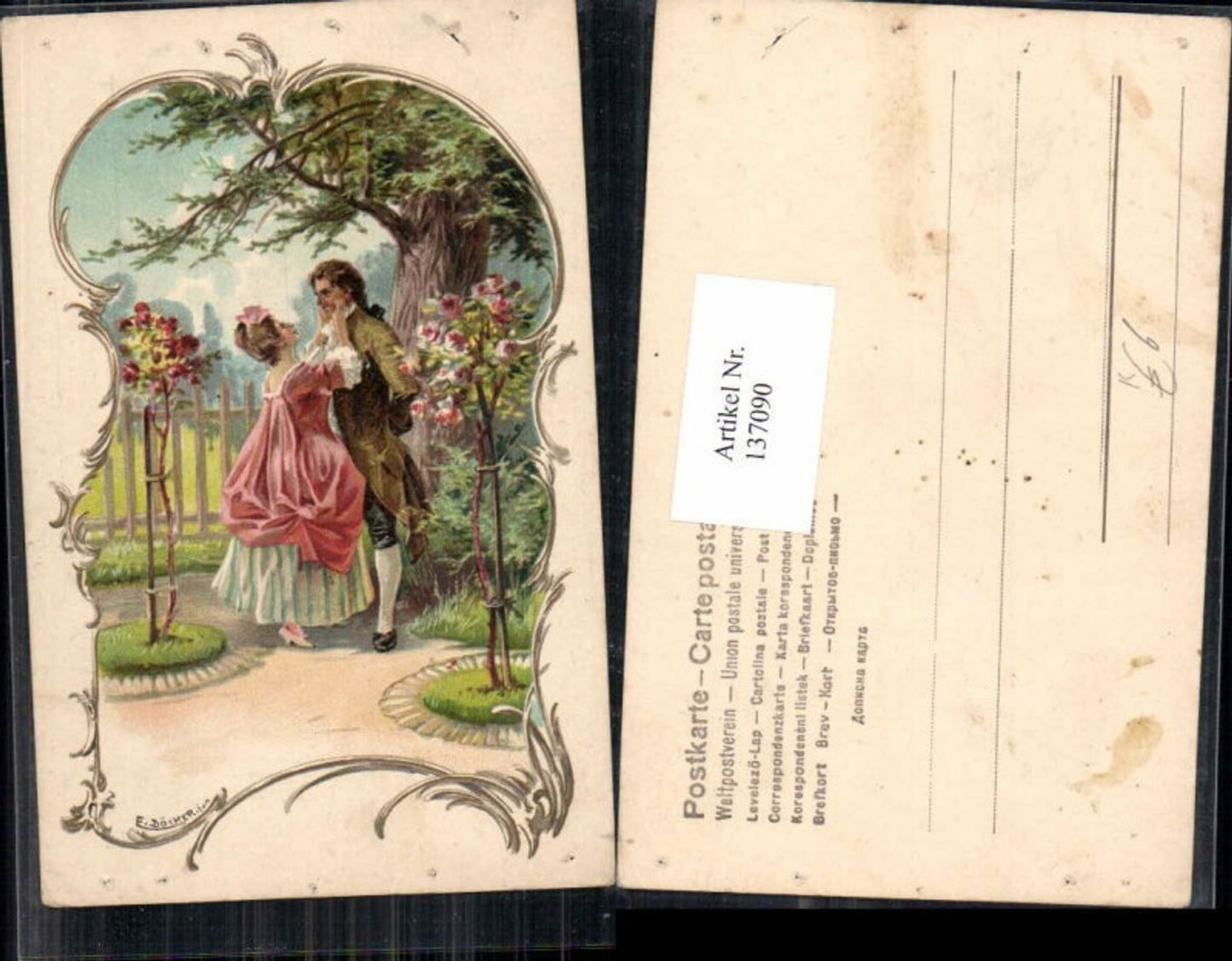 137090,E. Döcker jun. Litho Liebespaar Paar Baum Blumen 1900