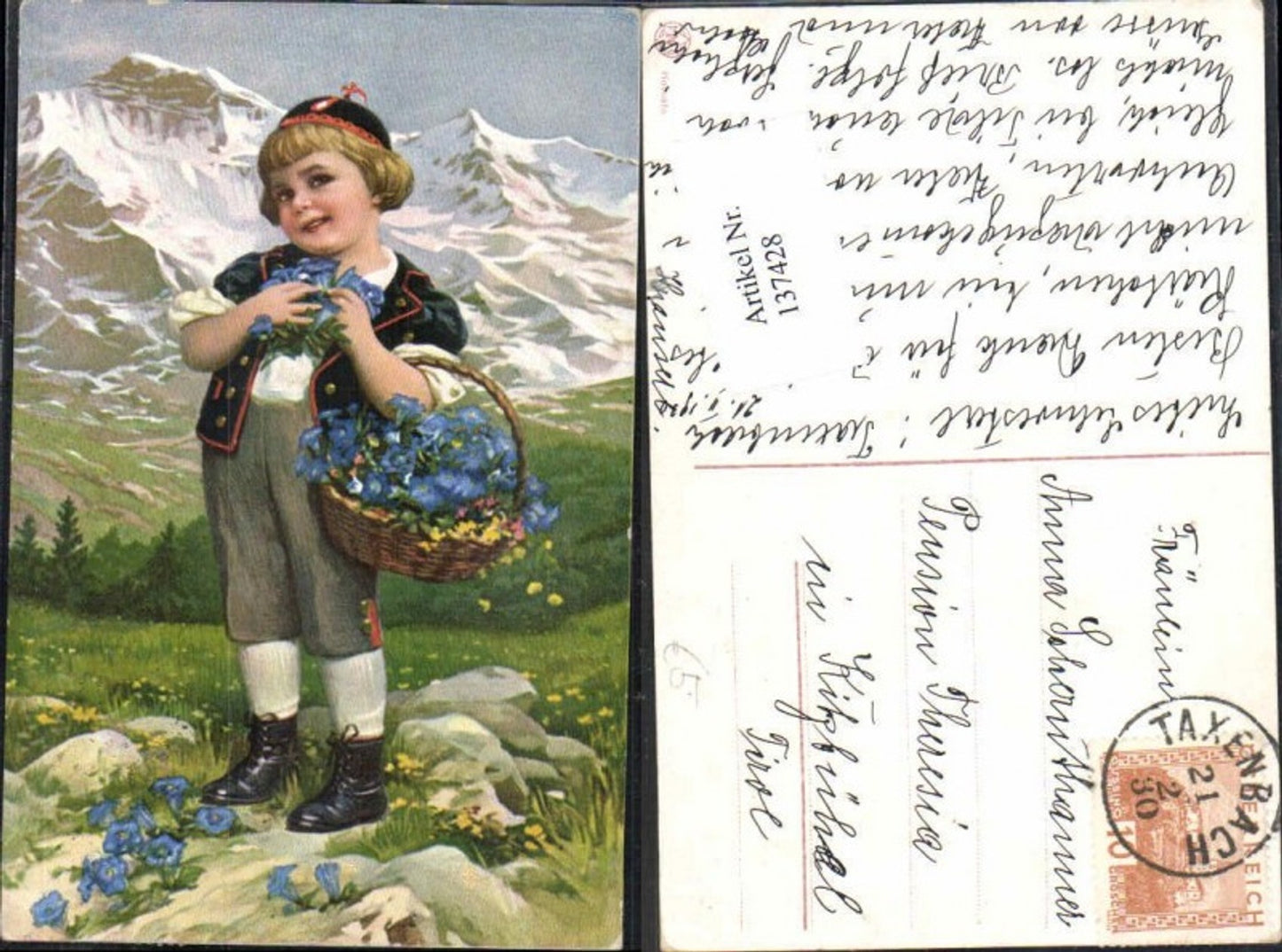 137428,Novolito Süsses Kind m. Blumen in den Alpen Korb