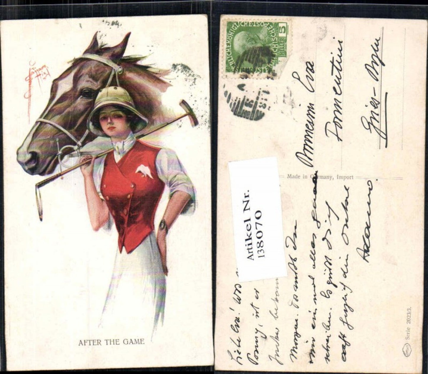 138070, Court Barber Art Nouveau After the Game Polo Hockey Fraz Horse Hut Horse