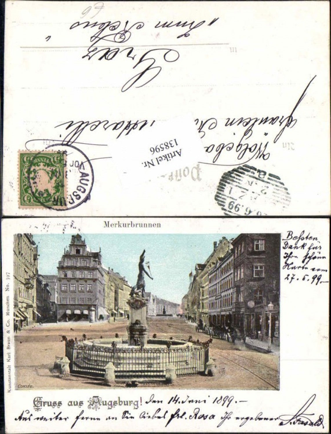 138596,Litho Gruss aus Augsburg Merkurbrunnen Brunnen 1900