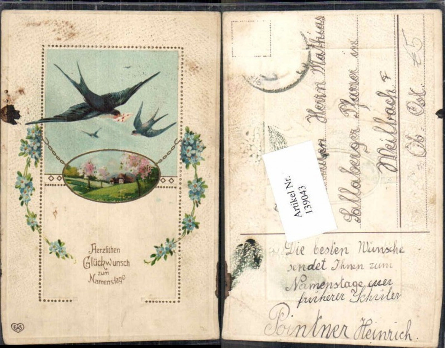 139043,Tolle Präge AK Namenstag EAS Schwalbe Vogel Blumen