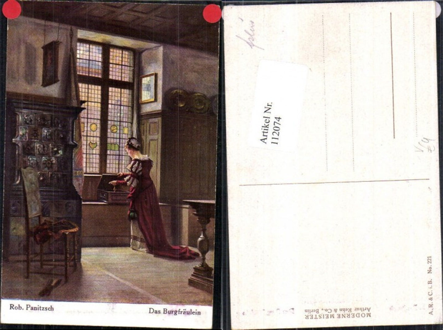 112074,Künstlerkarte Robert Panitzsch Das Burgfräulein Frau in Kleid Kachelofen
