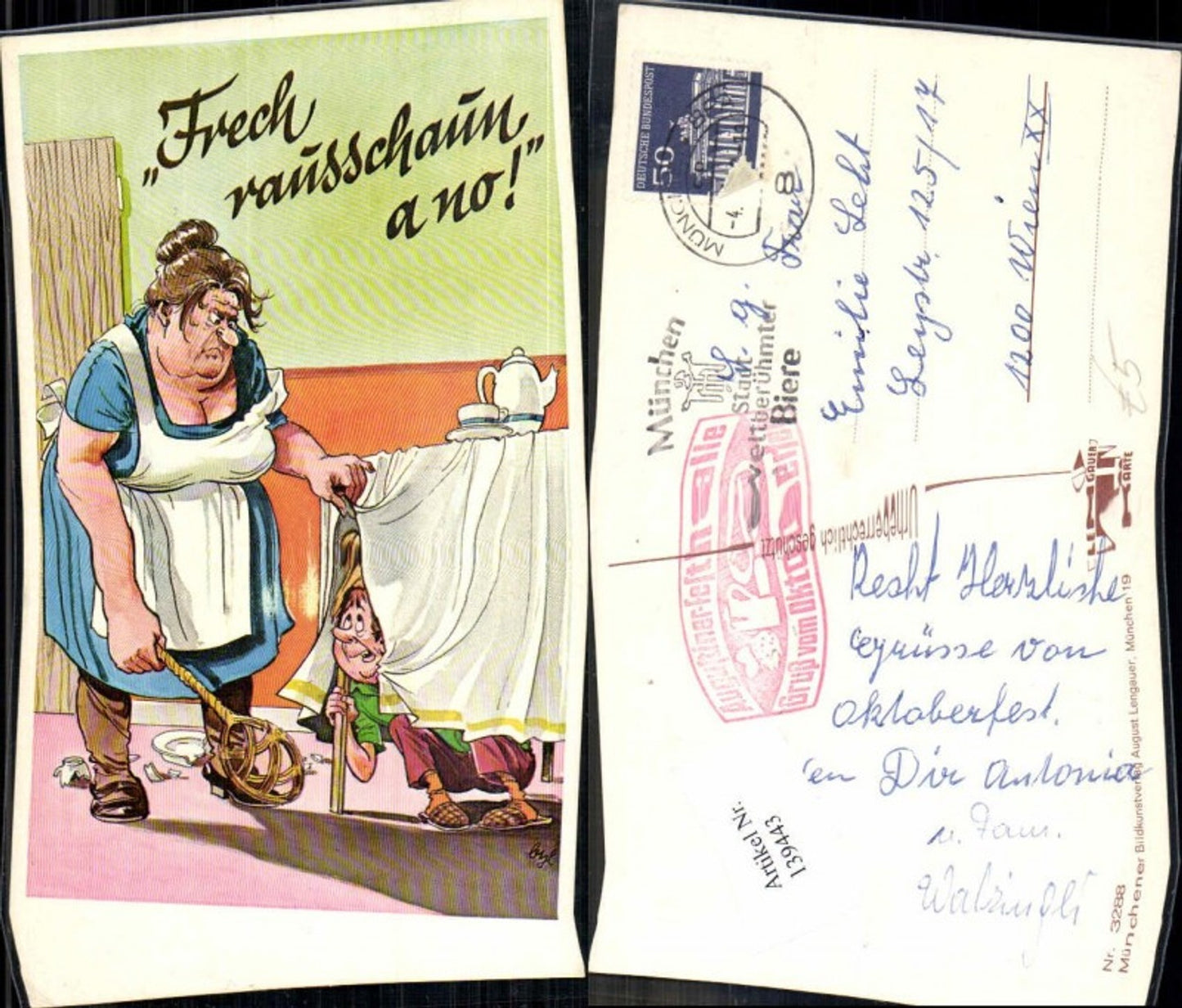 139443,Scherzkarte Emanzipation Frau scheucht Mann hinter Tisch Humor