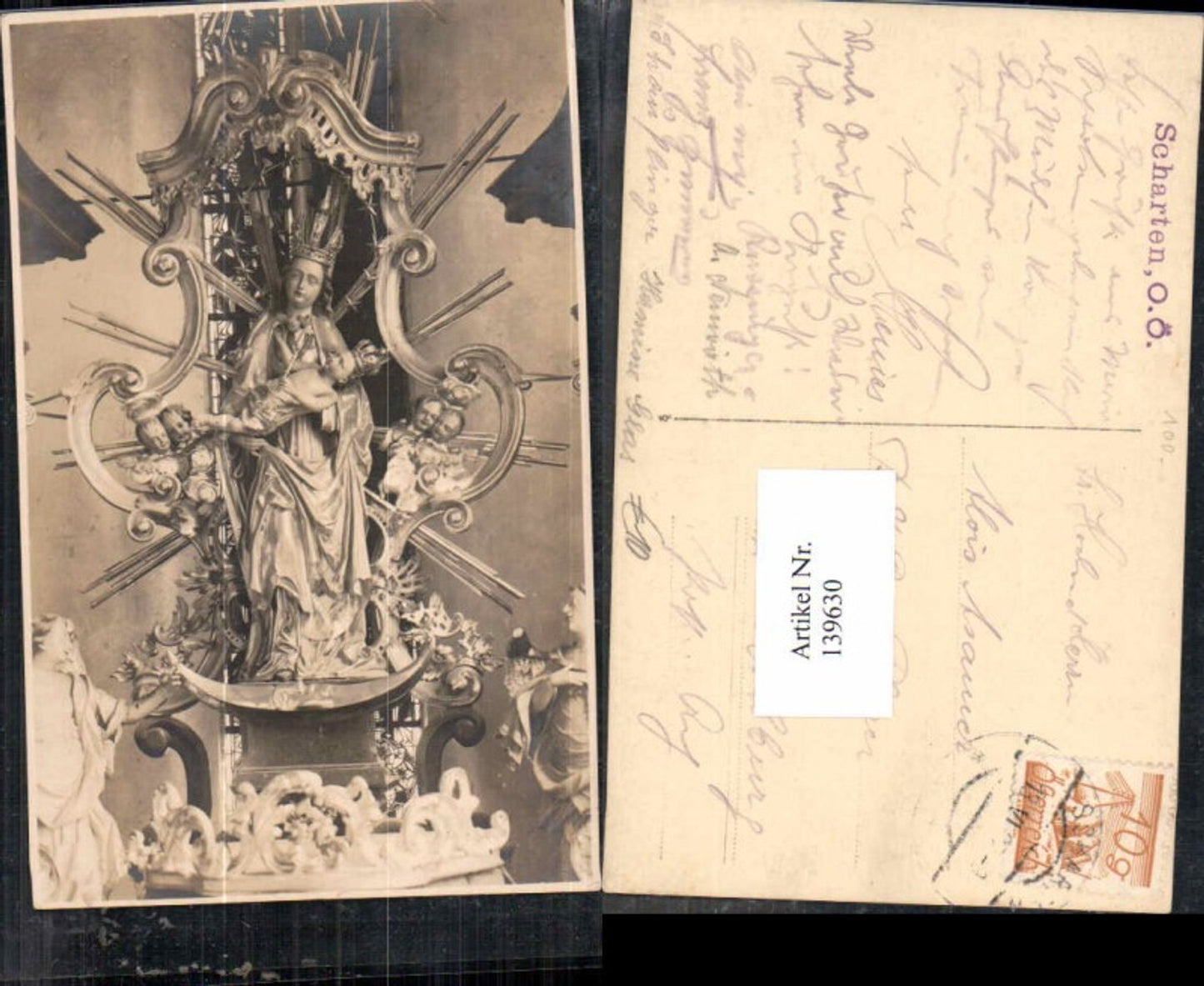 139630, Rare photo postcard of Scharten near Eferding Church, 1925