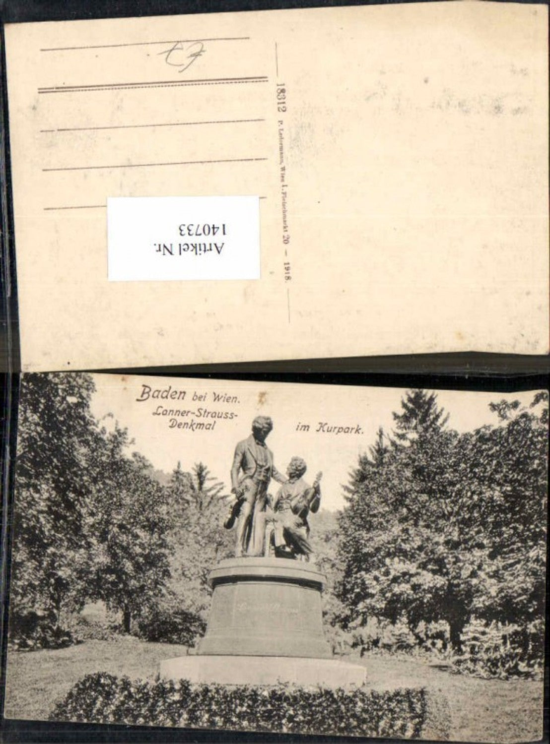 140733,Baden b. Wien Lanner Strauss Denkmal Kurpark 1910