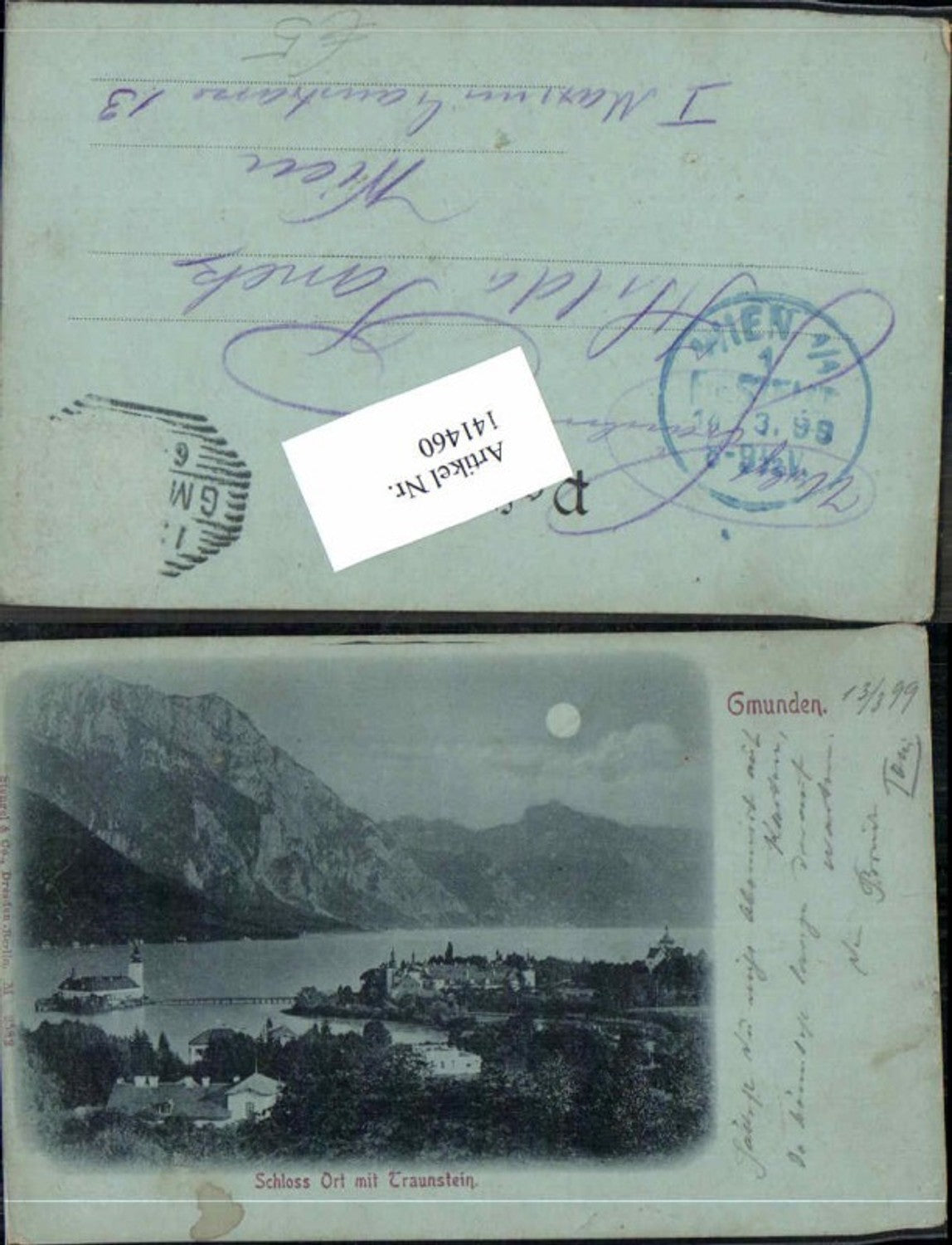 141460,Mond Litho Schloss Orth Ort bei Gmunden am Traunsee 1899