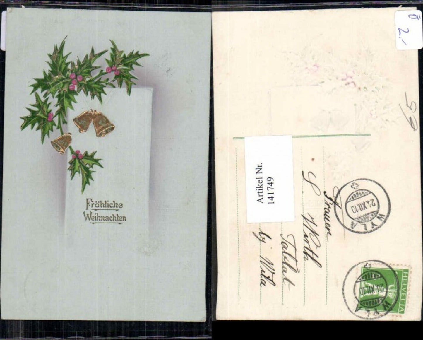 141749, embossed postcard Christmas bells