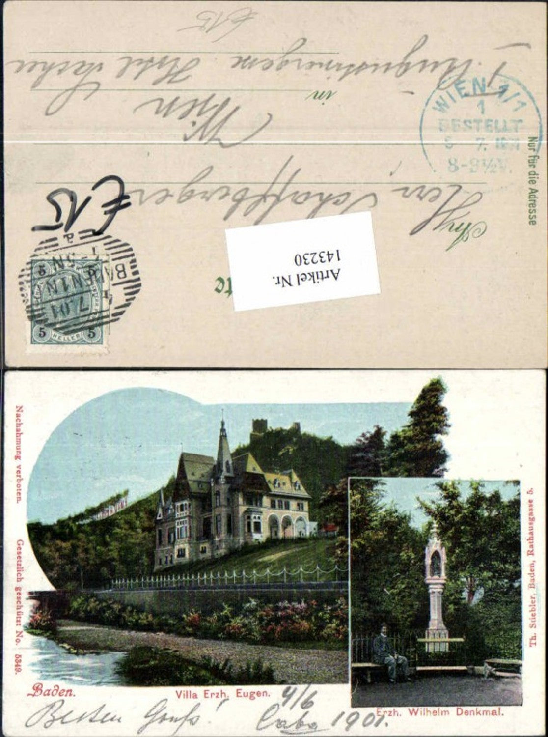 143230,Tolle AK Baden bei Wien Villa Erzherzog Eugen 1901 Wilhelm Denkmal