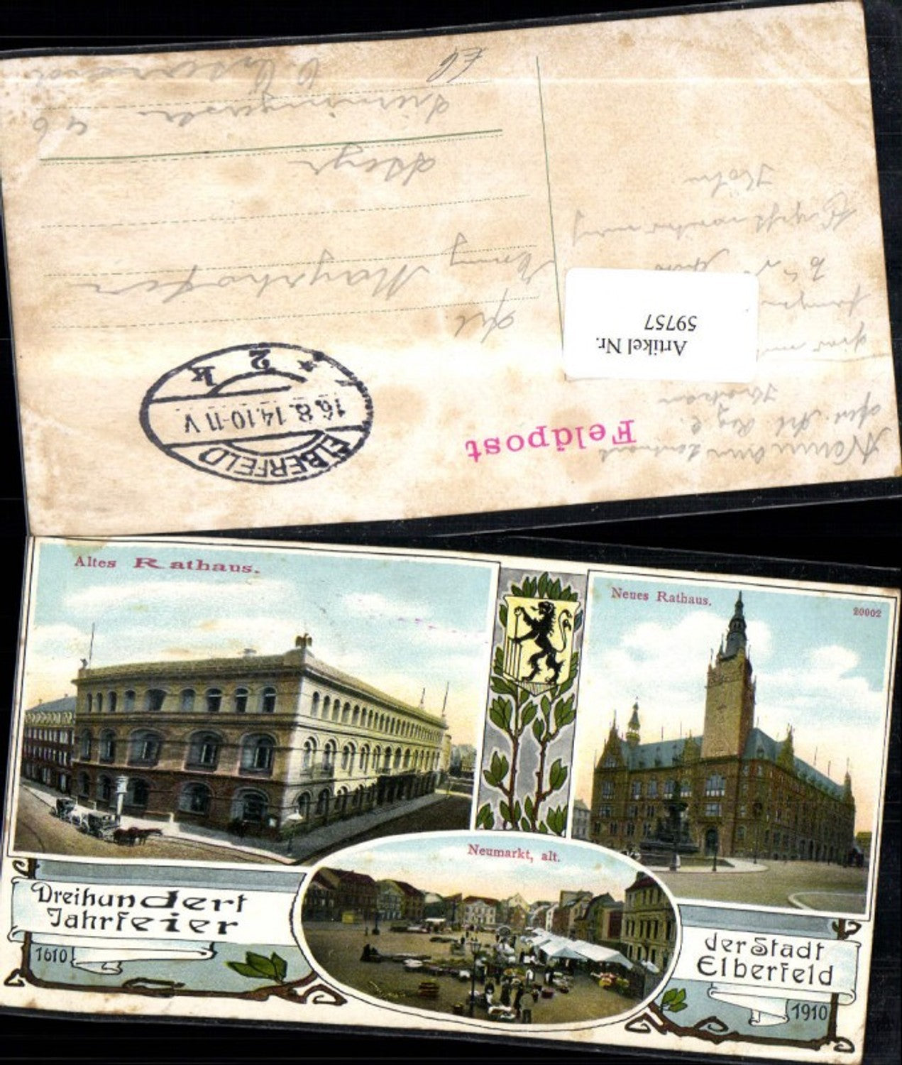 59757,Dreihundert Jahrfeier der Stadt Elberfeld Mehrbildkarte Altes u Neues Rathaus Neumarkt alt 1914