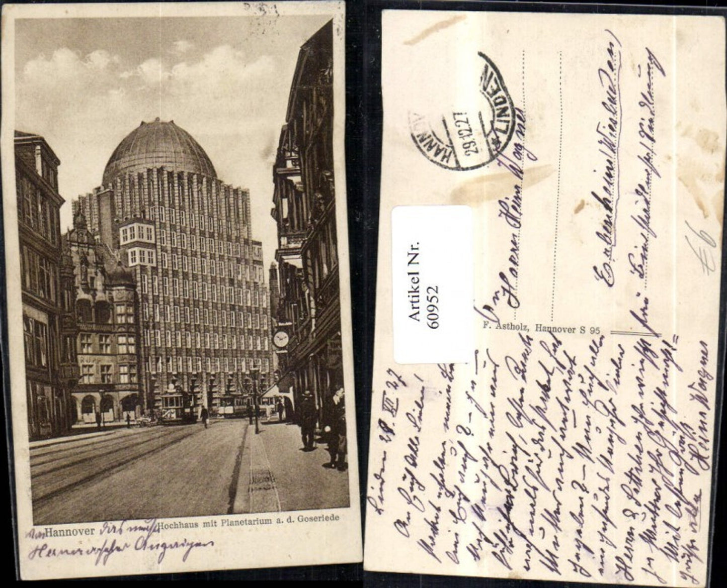 60952,Hannover Hochhaus mit Planetarium a d Goseriede Strassenansicht 1927