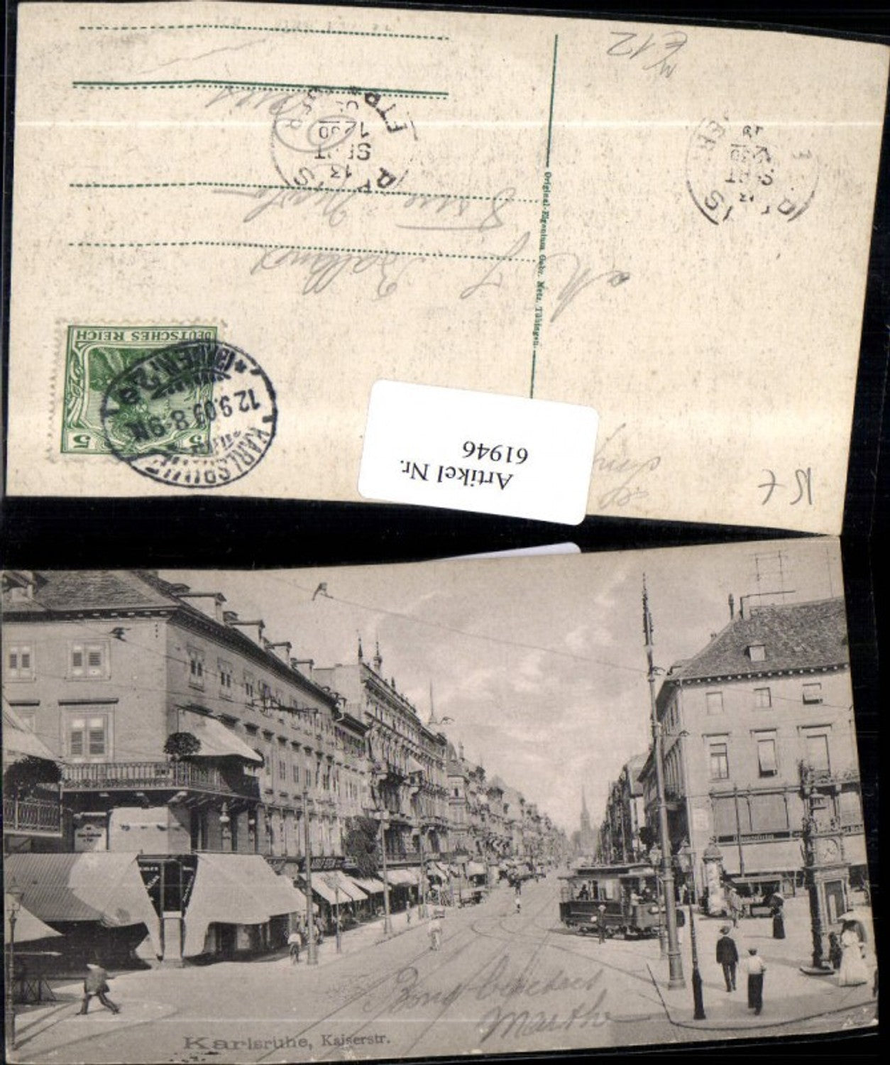 61946,Karlsruhe Kaiserstrasse 1909 Strassenansicht mit Strassenbahn 89
