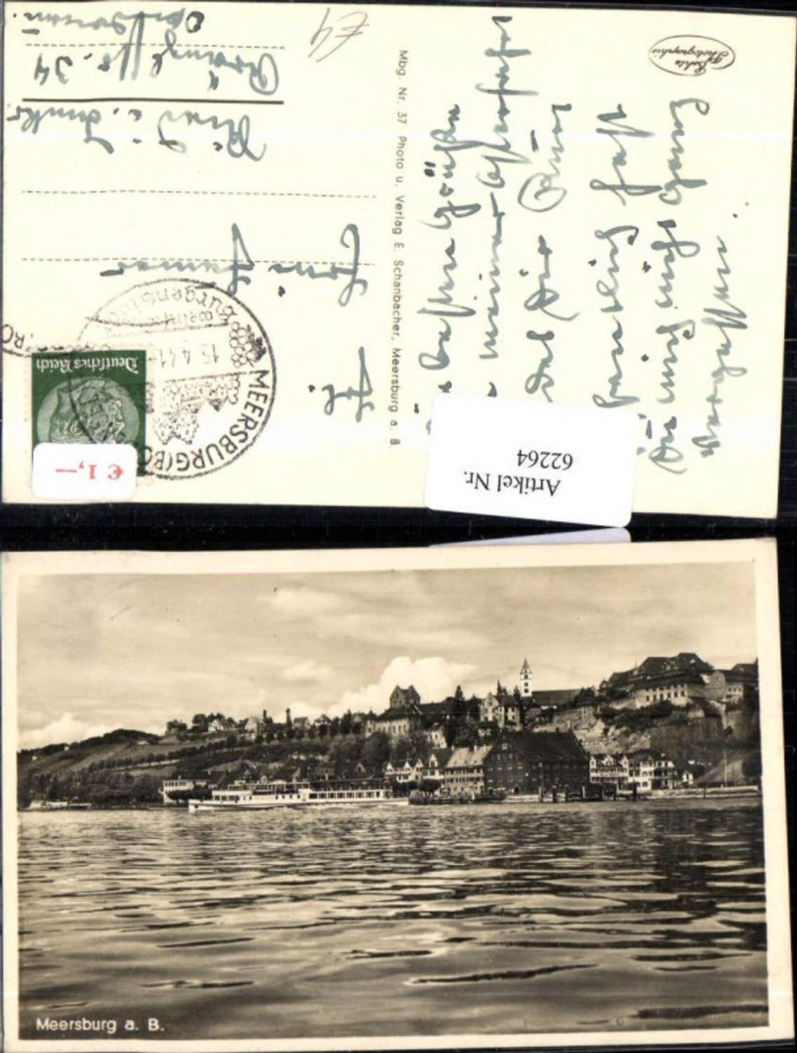 62264,Meersburg a Bodensee Ansicht vom Wasser mit Schiff 1941